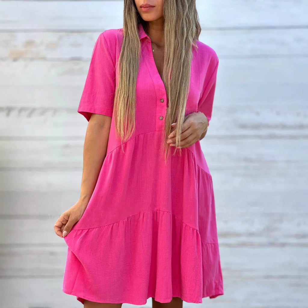 Solid V-Neck Short-Sleeve A-Line Midi Dress