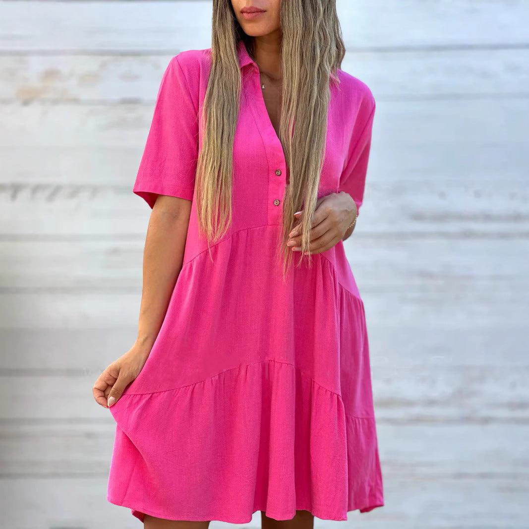 Solid V-Neck Short-Sleeve A-Line Midi Dress