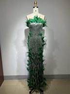 Green Feather-Trim Sleeveless Formal Maxi Gown