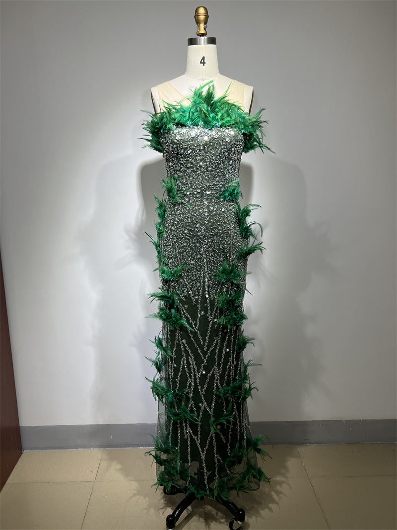 Green Feather-Trim Sleeveless Formal Maxi Gown