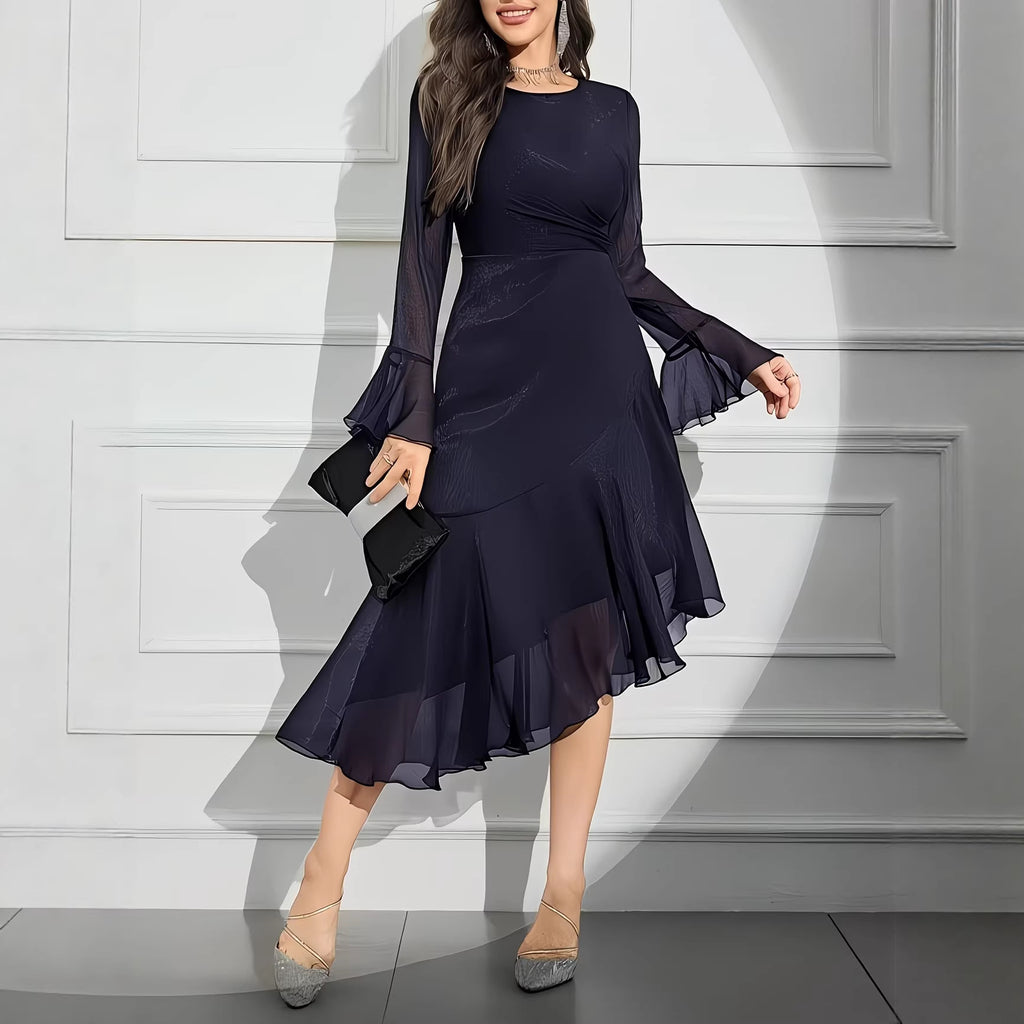 Ruffle-Pleat Slim-Fit Midi Dress for Women, Long Sleeve