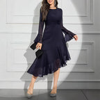 Ruffle-Pleat Slim-Fit Midi Dress for Women, Long Sleeve