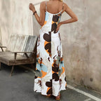Leaf Print V-Neck Sleeveless Maxi Dress for Women