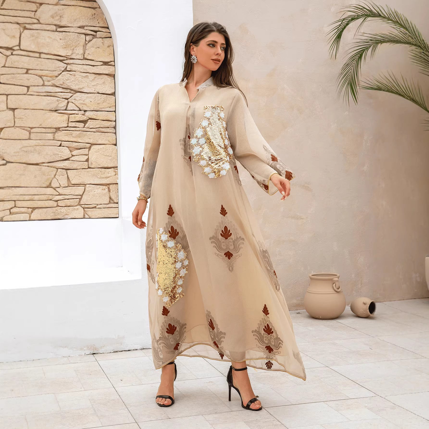 Beaded Embroidered Long-Sleeve Maxi Dress Main image