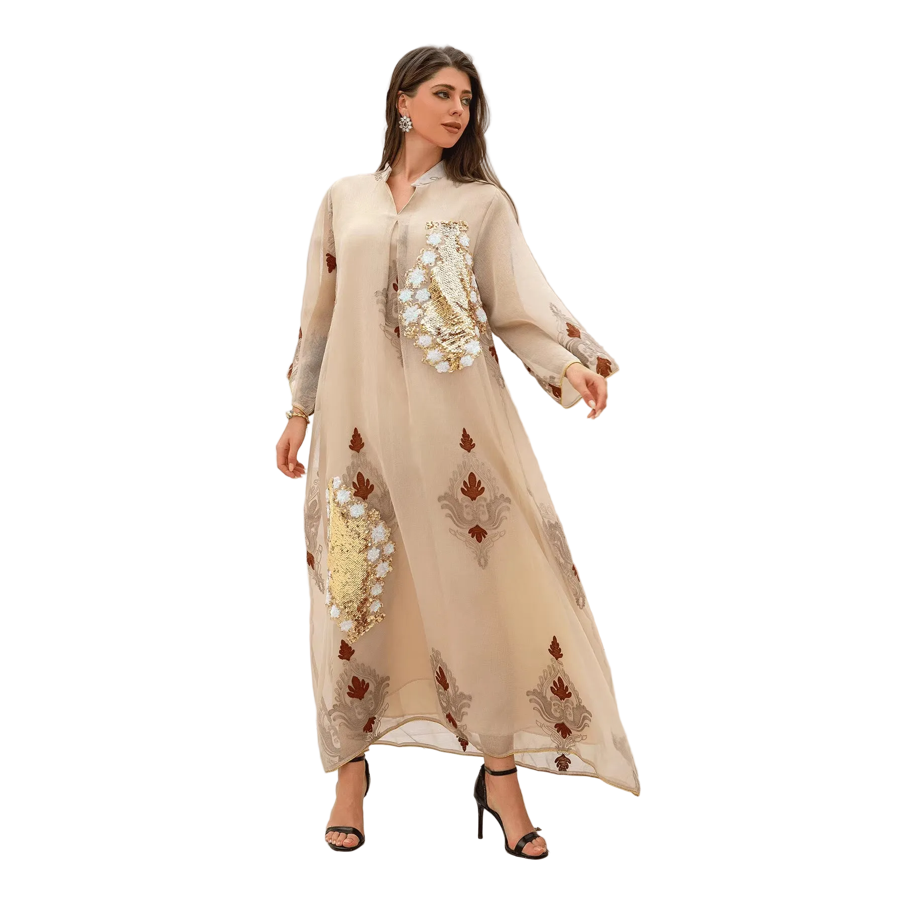 Beaded Embroidered Long-Sleeve Maxi Dress for women with long sleeves Main image