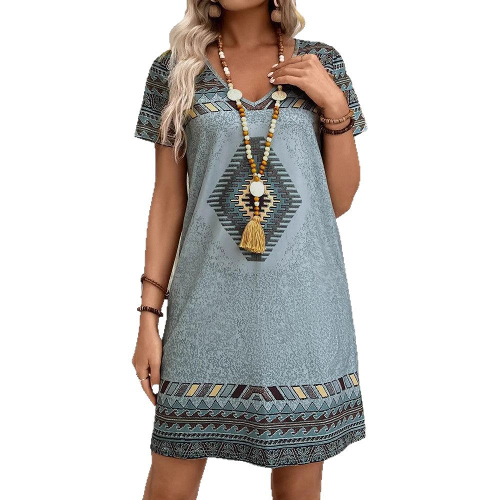 Geometric Print Mini Dress, V-Neck