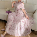 Printed Pleated Maxi Dress, Ruffle Sleeve