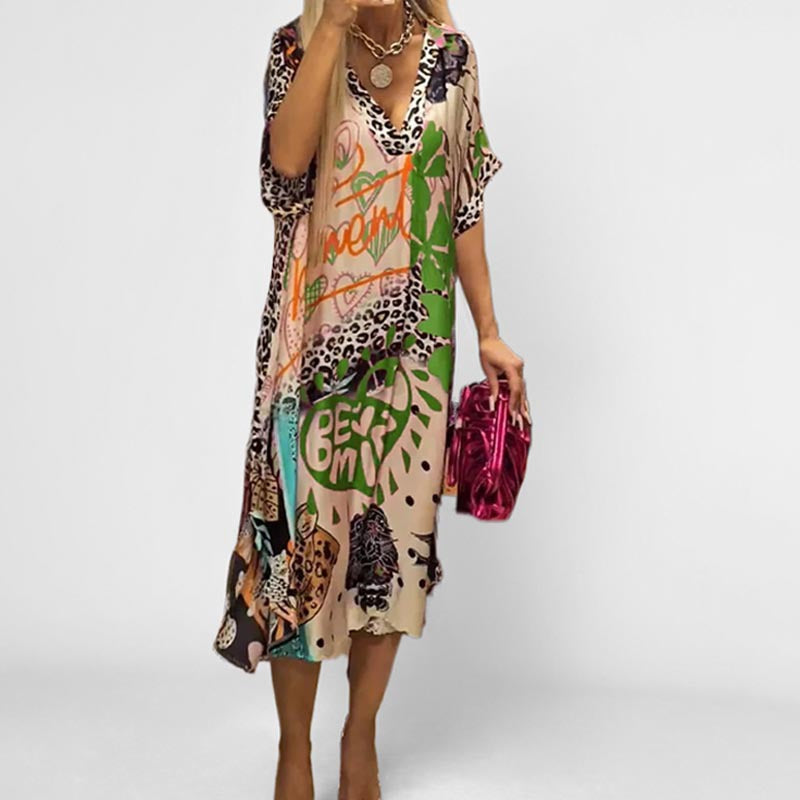 Leopard Print V-Neck A-Line Maxi Dress for Women, Three-Quarter Sleeve