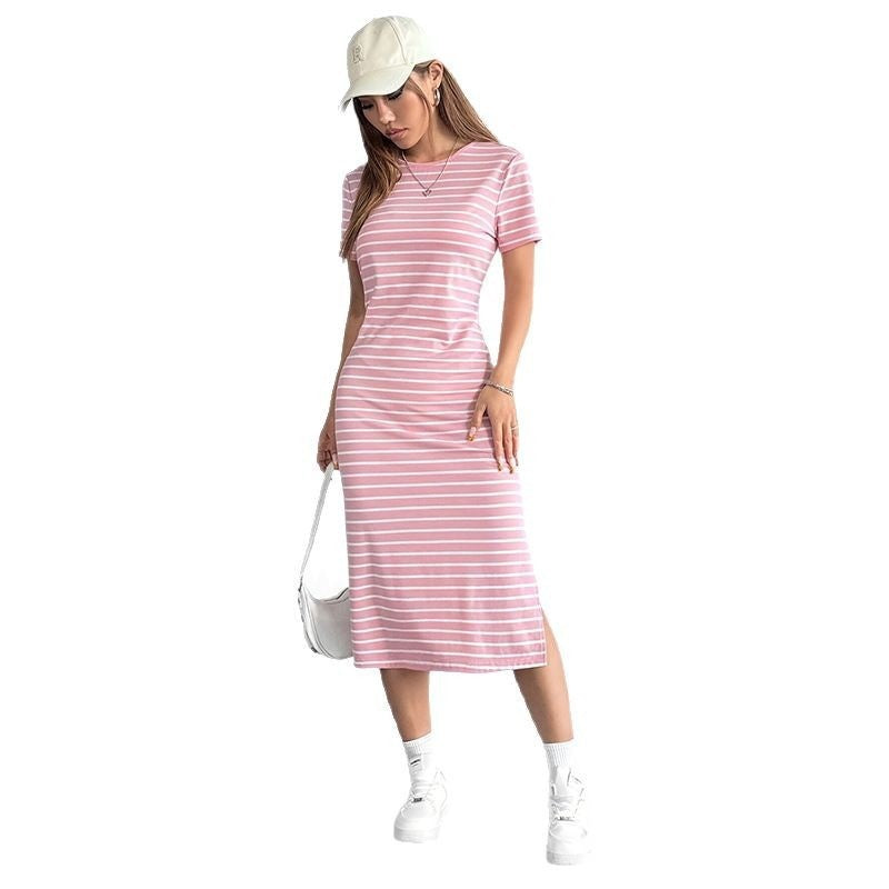Zebra-Stripe High-Slit Midi Dress for Women, Round Neck Short Sleeve