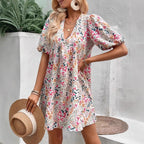 Floral V-Neck Puff-Sleeve Pleated Midi Dress for Women, Loose Fit