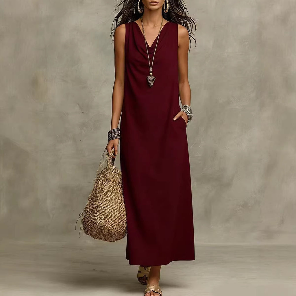 Solid Halter V-Neck A-Line Maxi Dress
