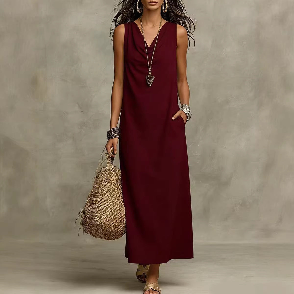 Solid Halter V-Neck A-Line Maxi Dress