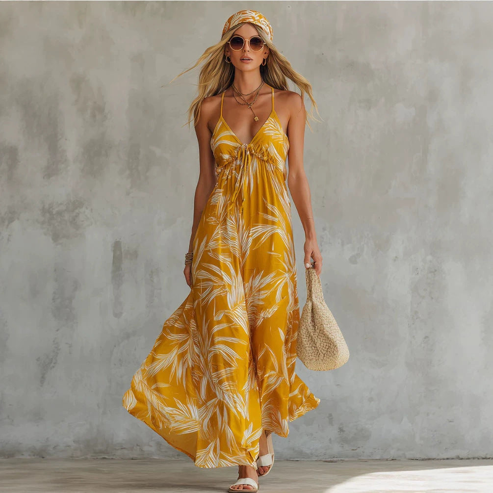 Printed V-Neck Strap Maxi Dress for Women, Beach Style
