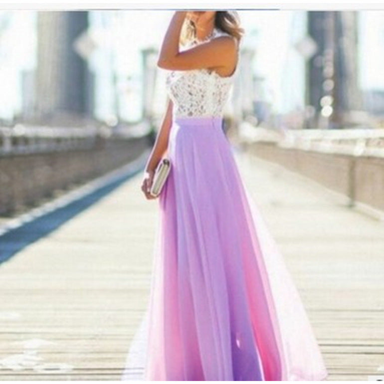 Lace Patchwork Sleeveless Maxi Dress for Women, Round Neck