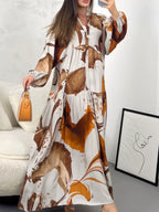 Printed V-Neck Long-Sleeve Loose Maxi Dress