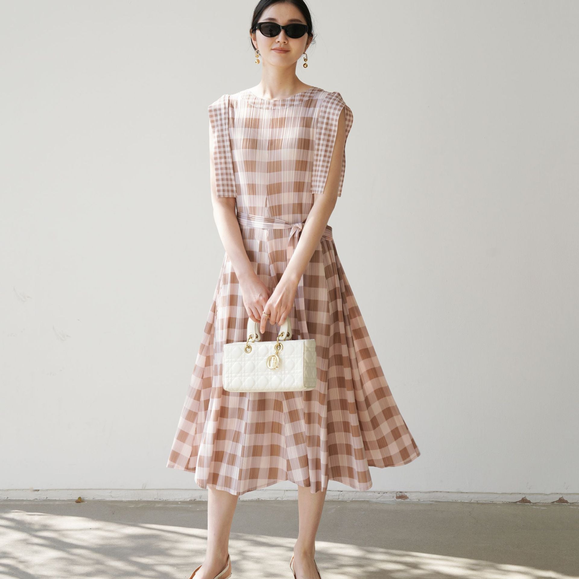 Checkered Belted A-Line Maxi Dress for Women, Sleeveless