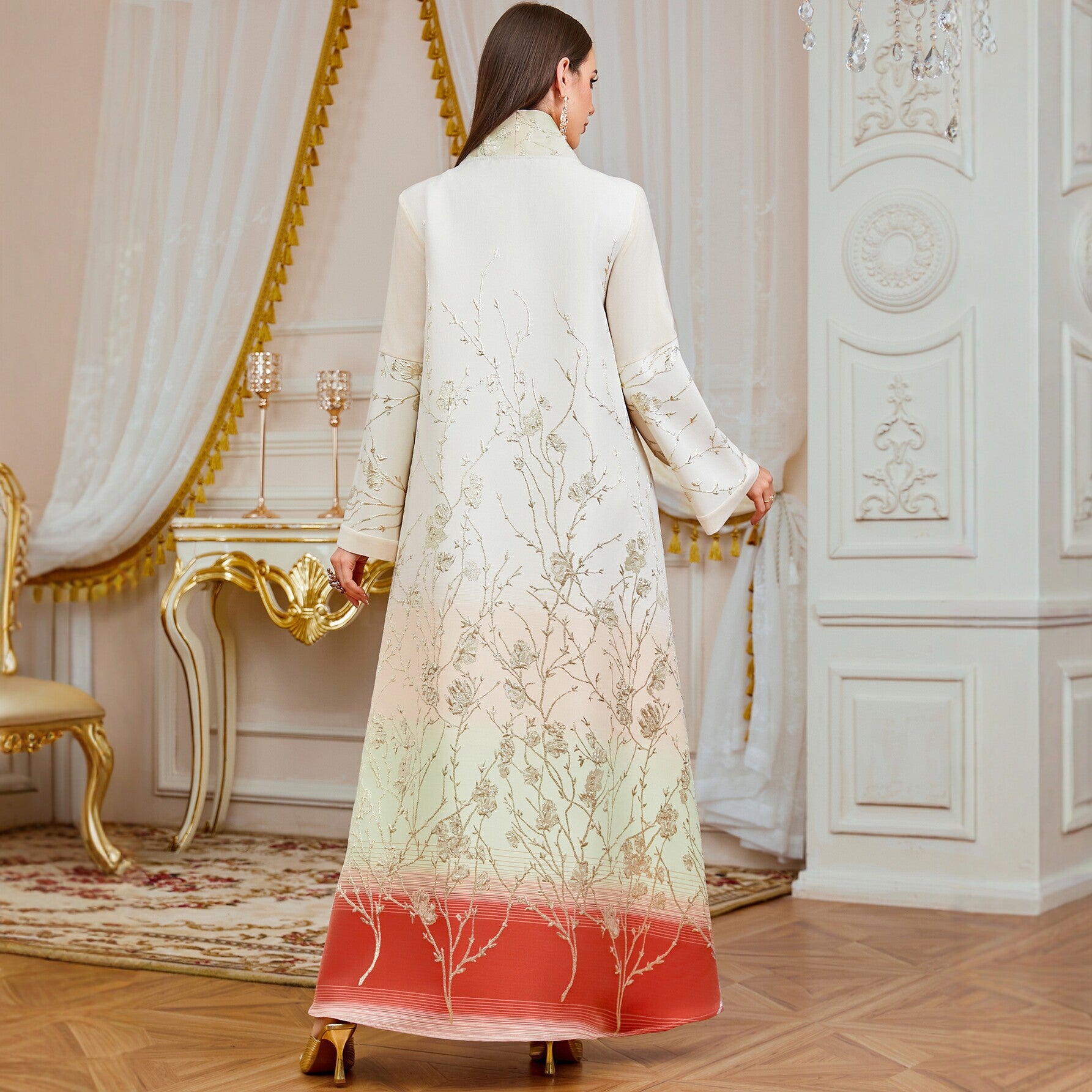 Embroidered Patchwork Long-Sleeve Maxi Dress