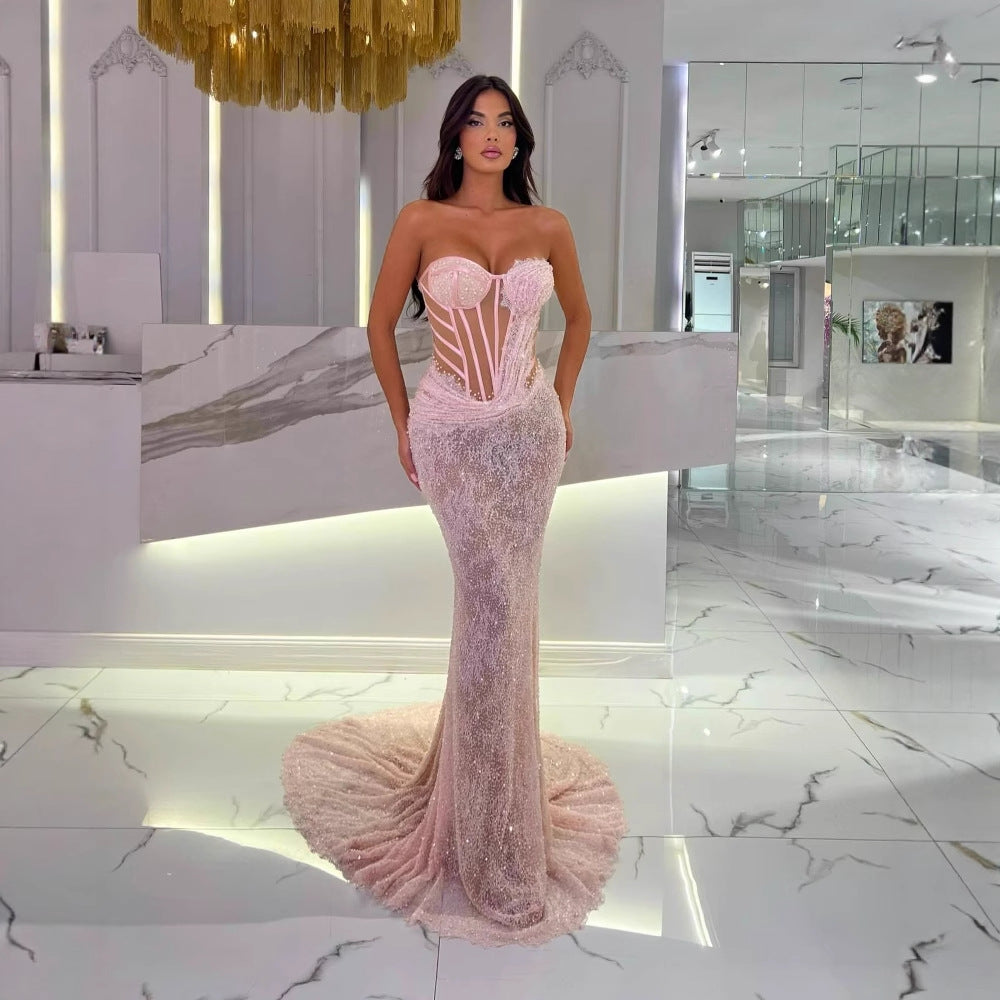 Boned Beaded One-Shoulder Sequin Gown for Women
