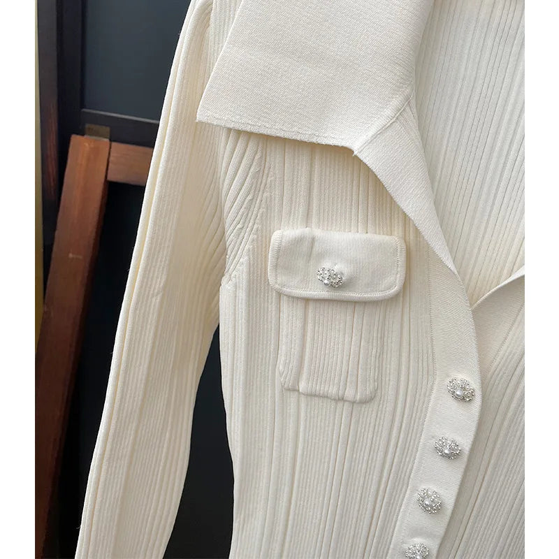 Ivory Ribbed-Knit Fishtail Maxi Dress for Women, Long Sleeve