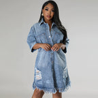 Ripped Fringe Denim Jacket for Women, Turn-Down Collar