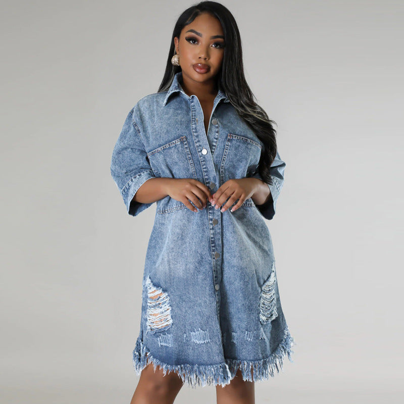 Ripped Fringe Denim Jacket for Women, Turn-Down Collar