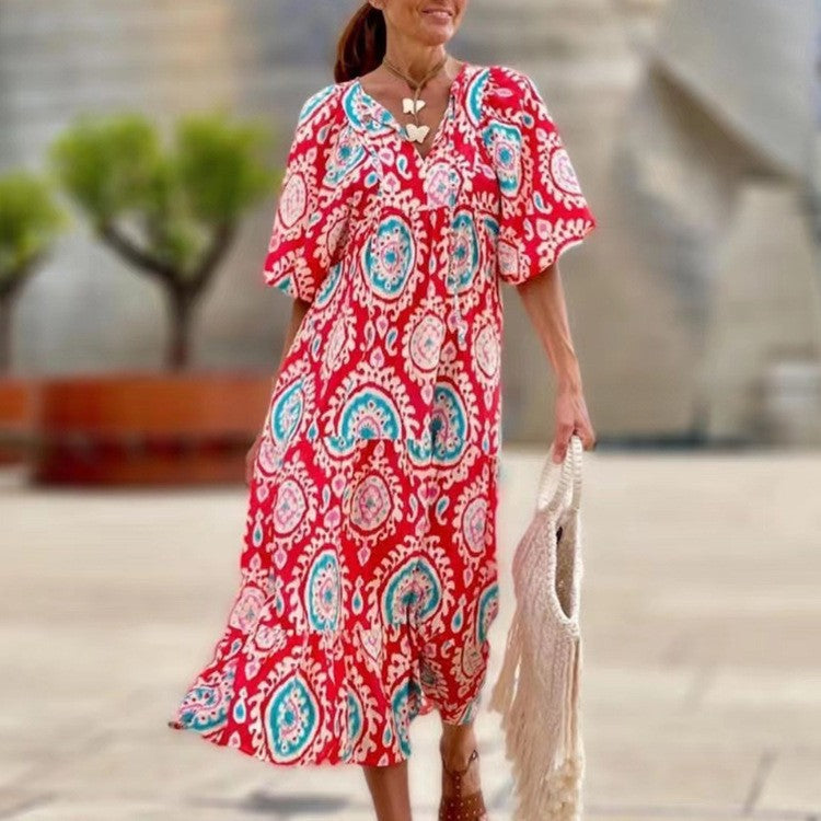 Bohemian Print Long Sleeve Flowy Maxi Dress for Women
