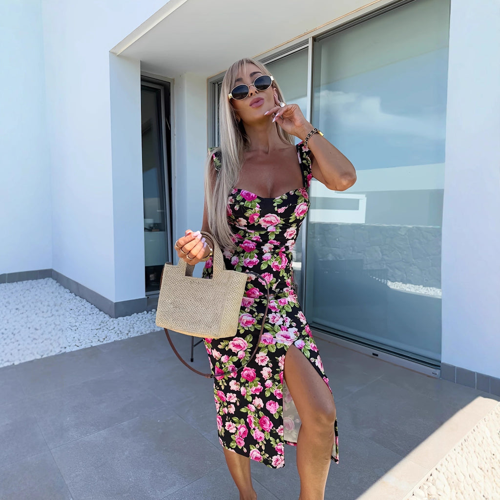 French Floral Strapless Split Midi Dress for Women, Backless