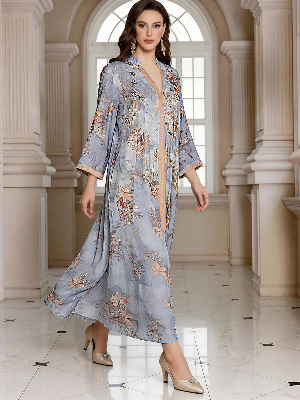 V-Neck Loose Long-Sleeve Maxi Dress, Blue, Apricot & Gray