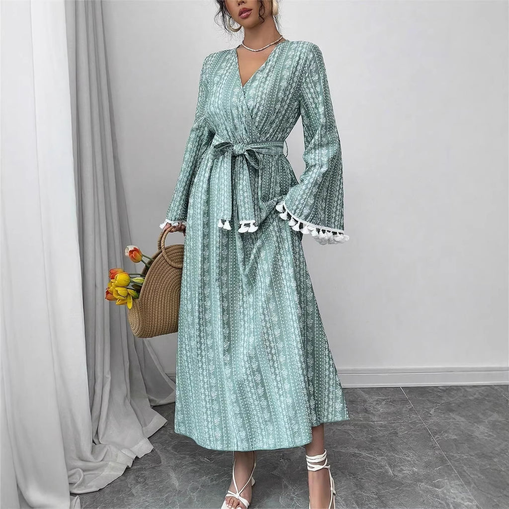 Lace Tassel Color-Block Maxi Dress for Women, Flared Sleeve