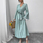 Lace Tassel Color-Block Maxi Dress for Women, Flared Sleeve
