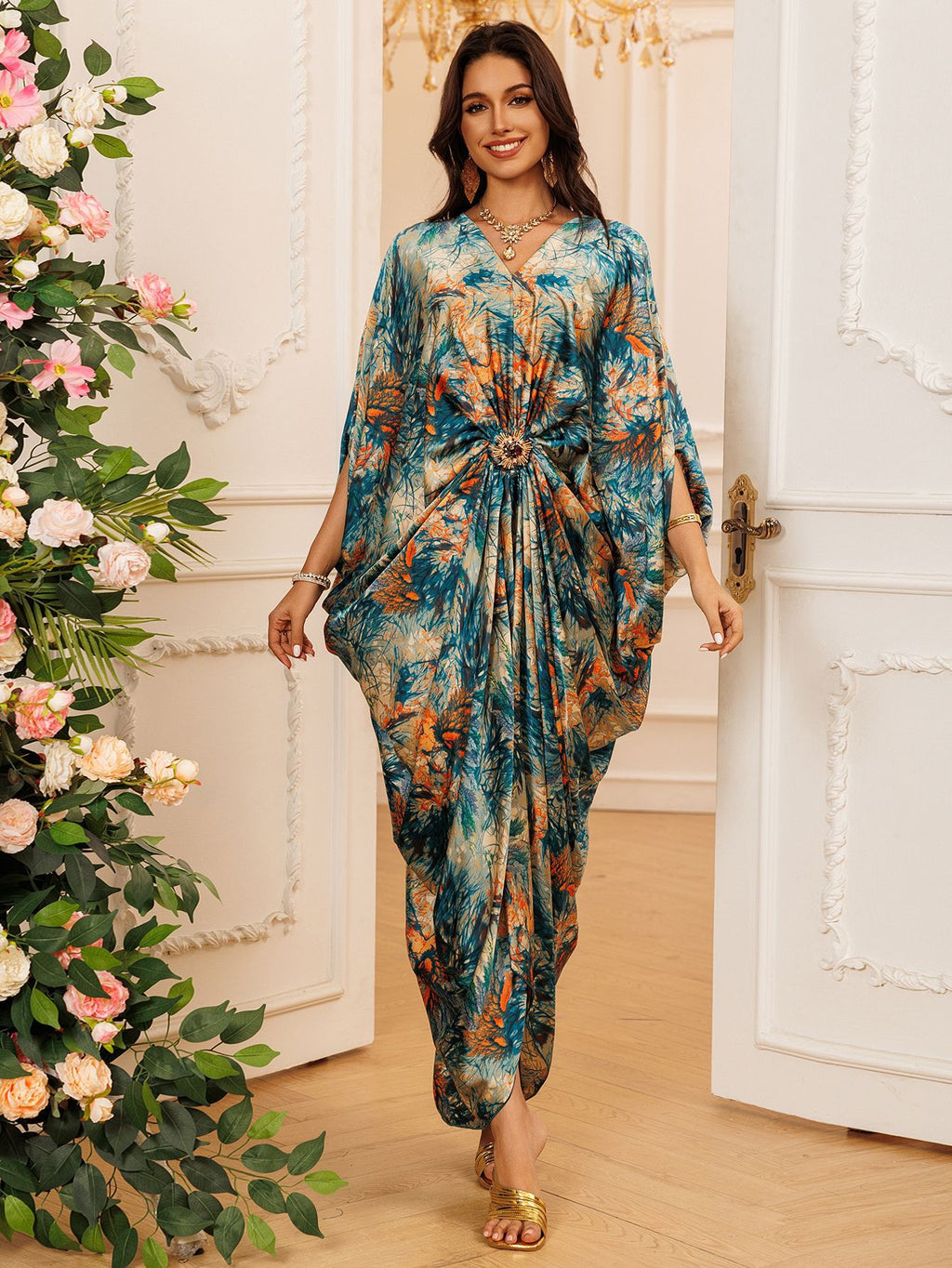 Printed Crew-Neck Maxi Dress