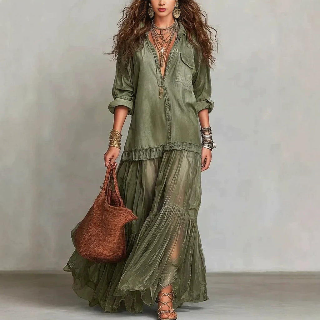 Denim-Look Chiffon Maxi Dress