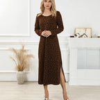 Vintage Leopard Print Round-Neck Midi Dress for Women, Long Sleeve