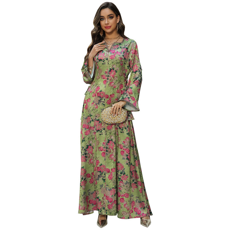 Printed Rhinestone Maxi Dress, Long Sleeve