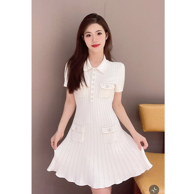 Knitted Diamond-Button Flip Collar Short Sleeve Dress for Women