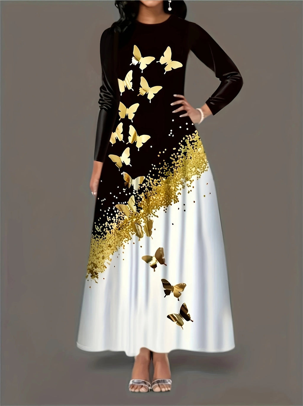 Butterfly Print Long-Sleeve A-Line Maxi Dress for Women, Plus Size