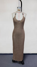 Knitted V-Neck Halter Backless Beach Dress for Women