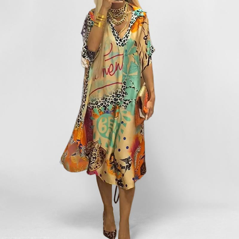 Leopard Print V-Neck A-Line Maxi Dress for Women, Three-Quarter Sleeve