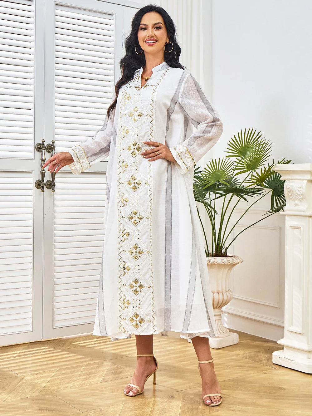 Embroidered Long-Sleeve Maxi Dress