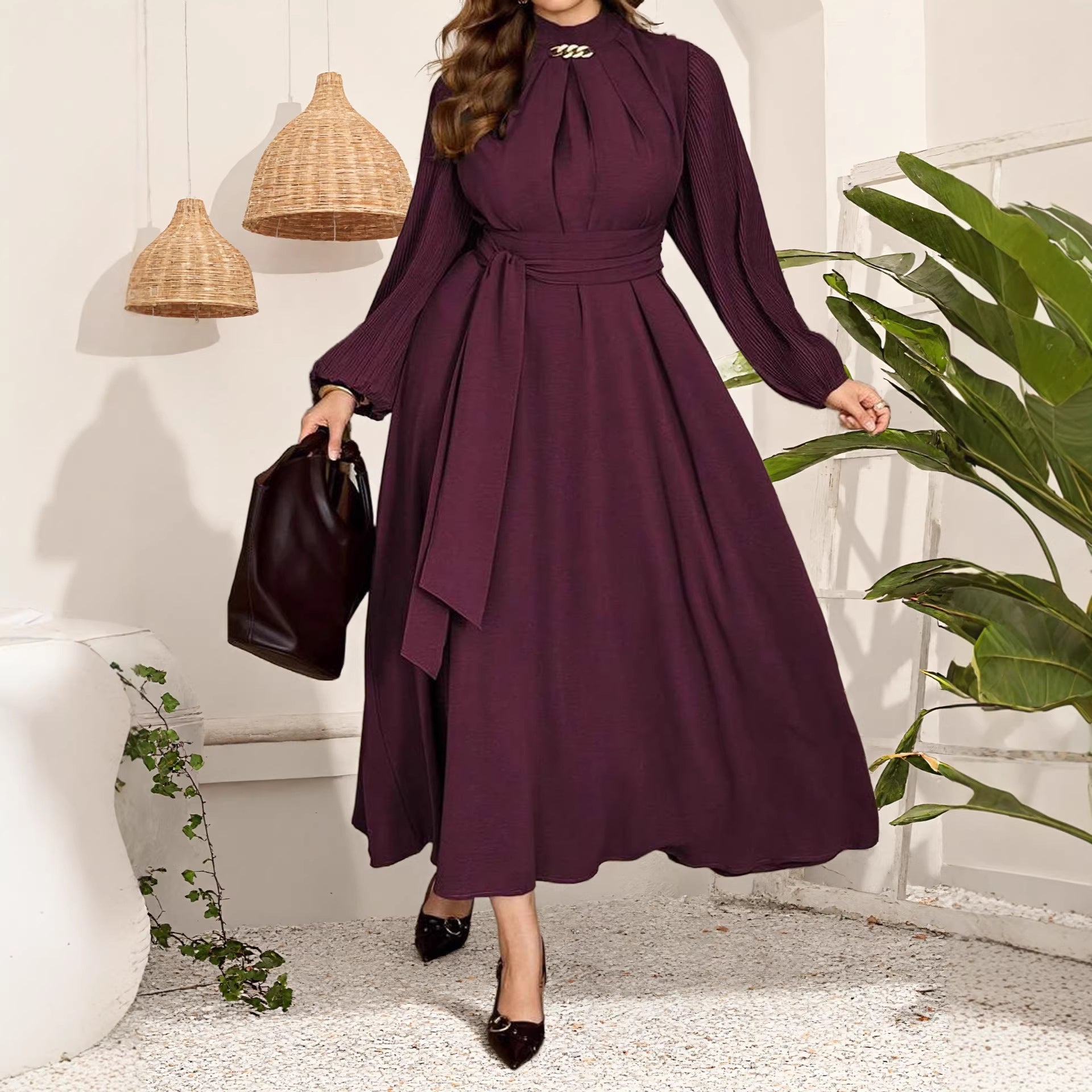 Pleated-Sleeve Fitted Maxi Dress Secondary image