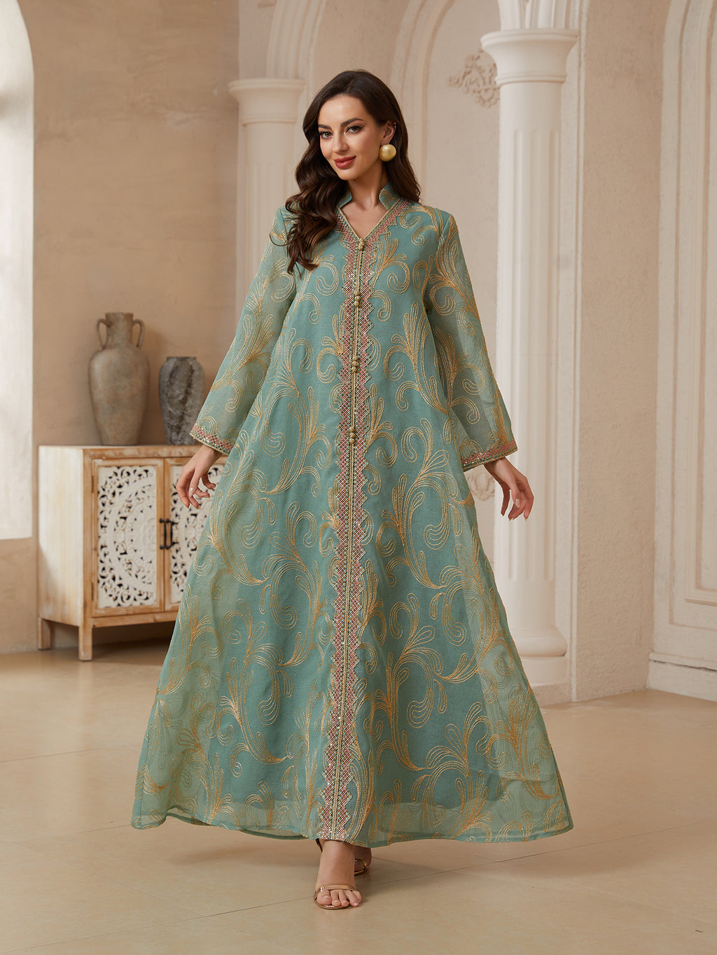 Embroidered Long-Sleeve Maxi Dress