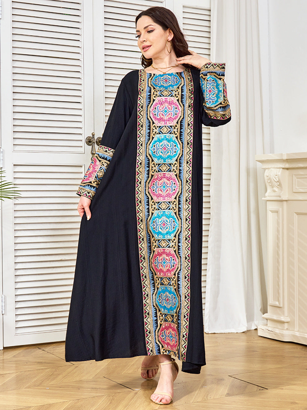 Round-Neck Embroidered Sequin Maxi Dress