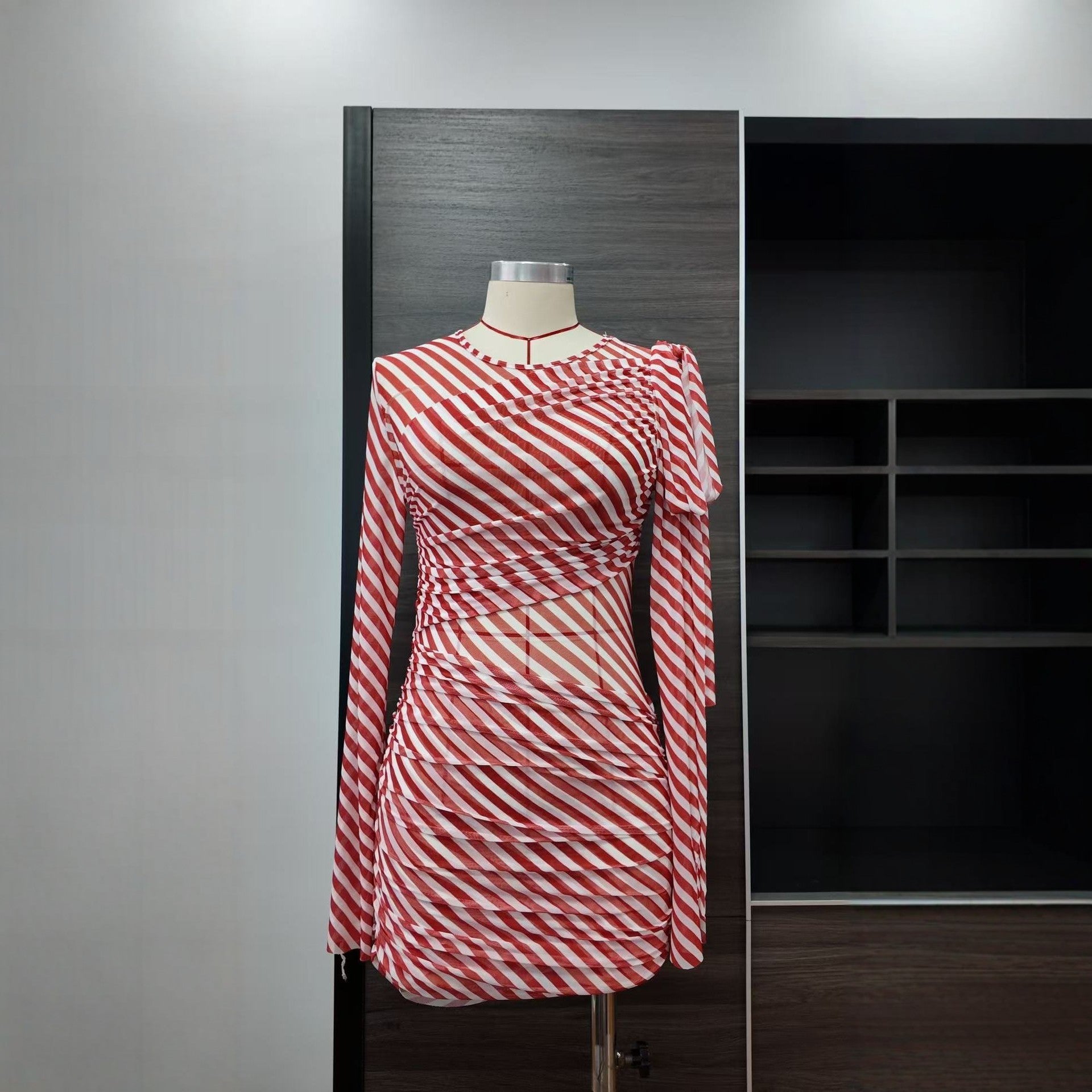 Striped Pleated Mesh Beach Dress for Women, Long Sleeve