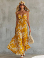 Printed V-Neck Strap Maxi Dress for Women, Beach Style