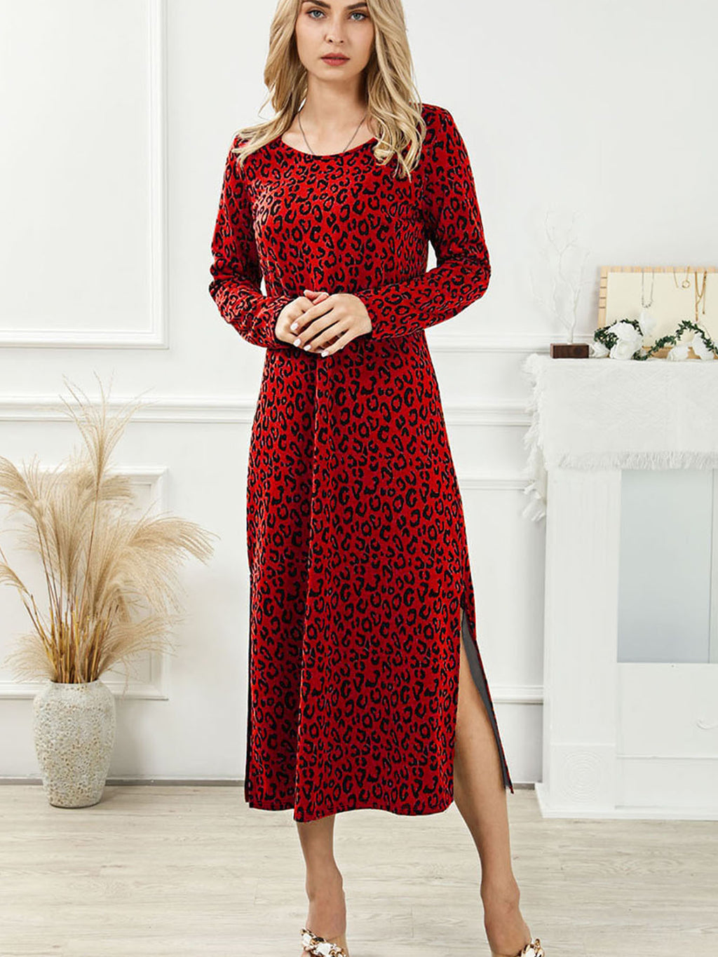 Vintage Leopard Print Round-Neck Midi Dress for Women, Long Sleeve