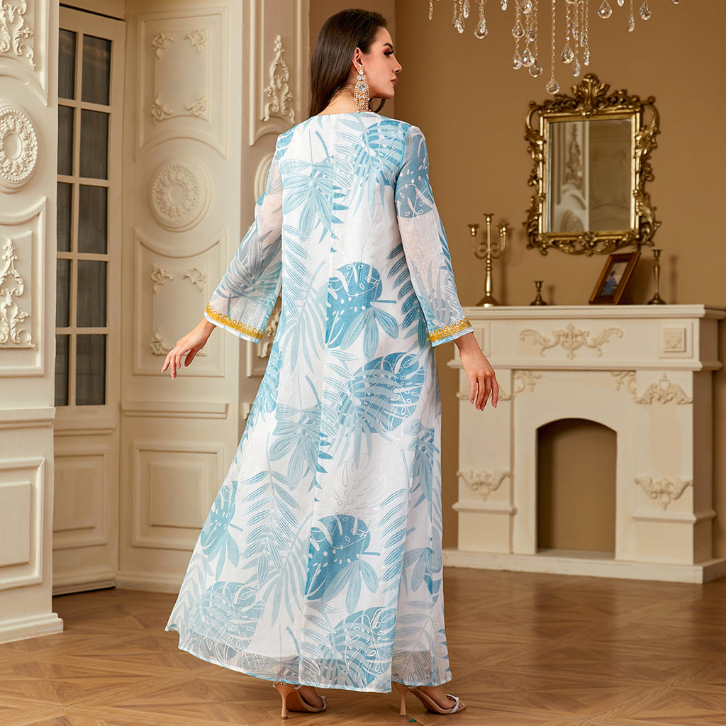 Embroidered Light Blue V-Neck Maxi Dress