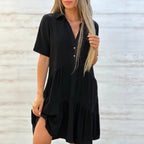 Solid V-Neck Short-Sleeve A-Line Midi Dress