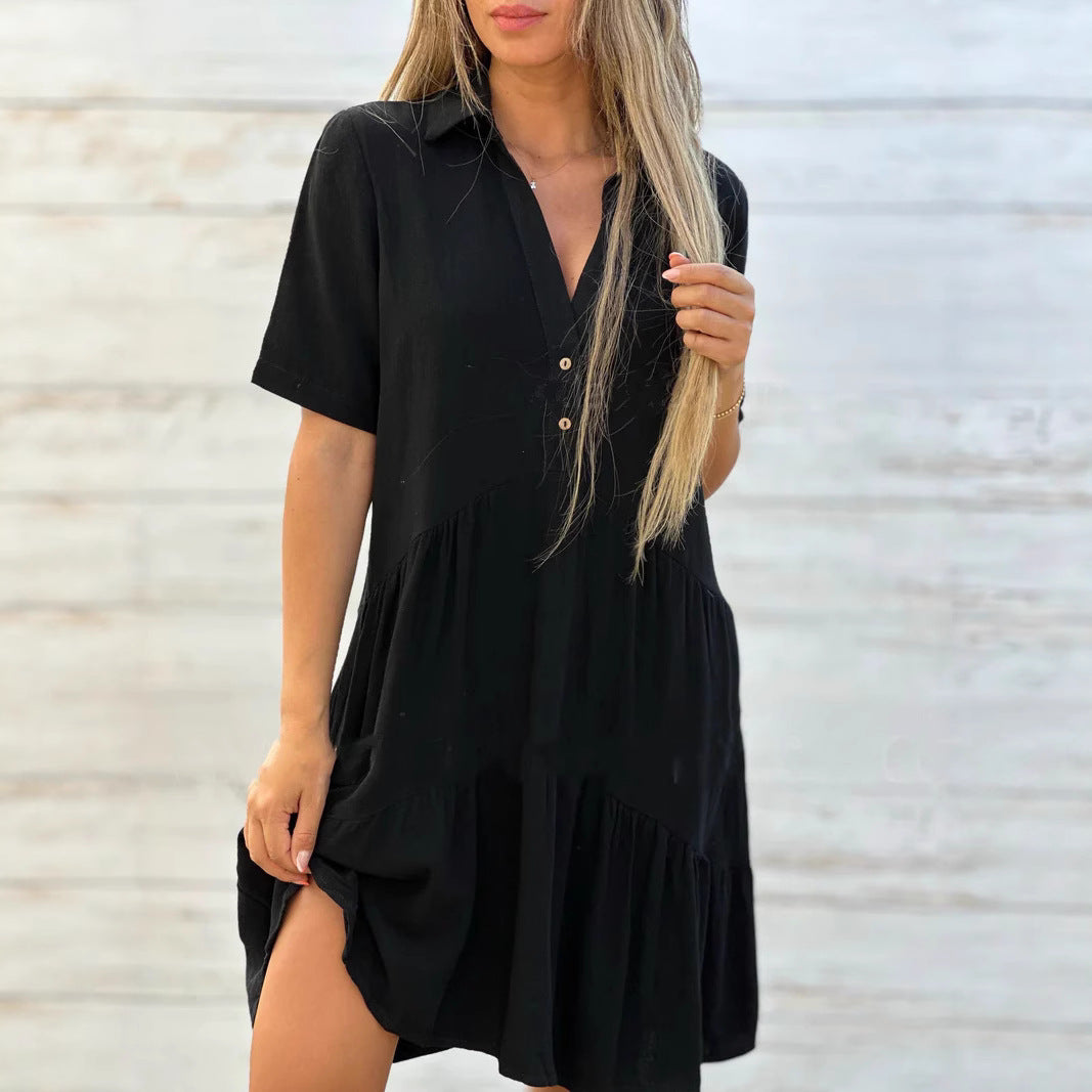 Solid V-Neck Short-Sleeve A-Line Midi Dress