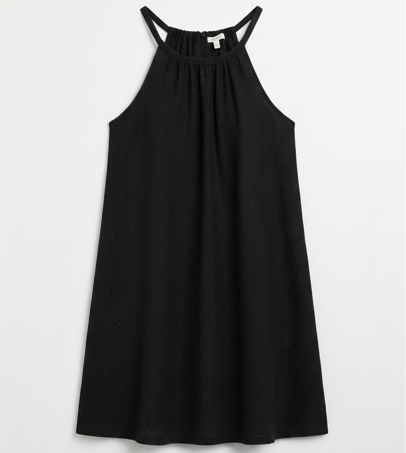 A black sleeveless halter-neck dress with a gathered, pleated bodice and a flared skirt, shown flat against a light gray background. Main image