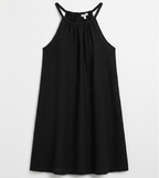 A black sleeveless halter-neck dress with a gathered, pleated bodice and a flared skirt, shown flat against a light gray background.